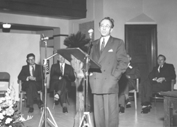 Premier Tommy Douglas addressing audience attending the official opening of the Saskatchewan Research Council Laboratory in 1947.