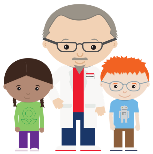 cartoon graphic of two children and a professor