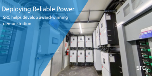 The inside of an energy container with a blue banner that reads Deploying Reliable Power: SRC Helps Develop Award-Winning Demonstration 