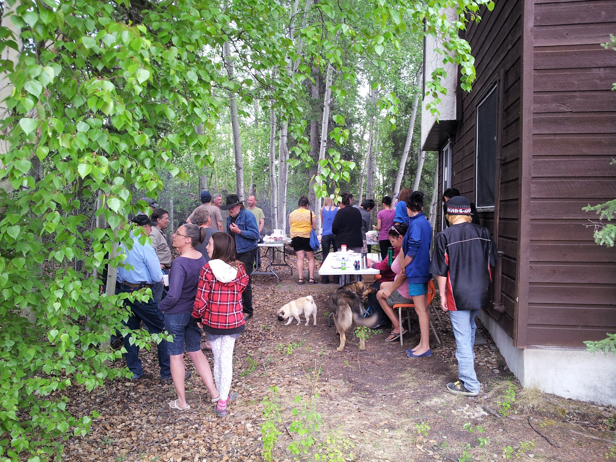 People stand in line during the summer under trees waiting for a bbq meal