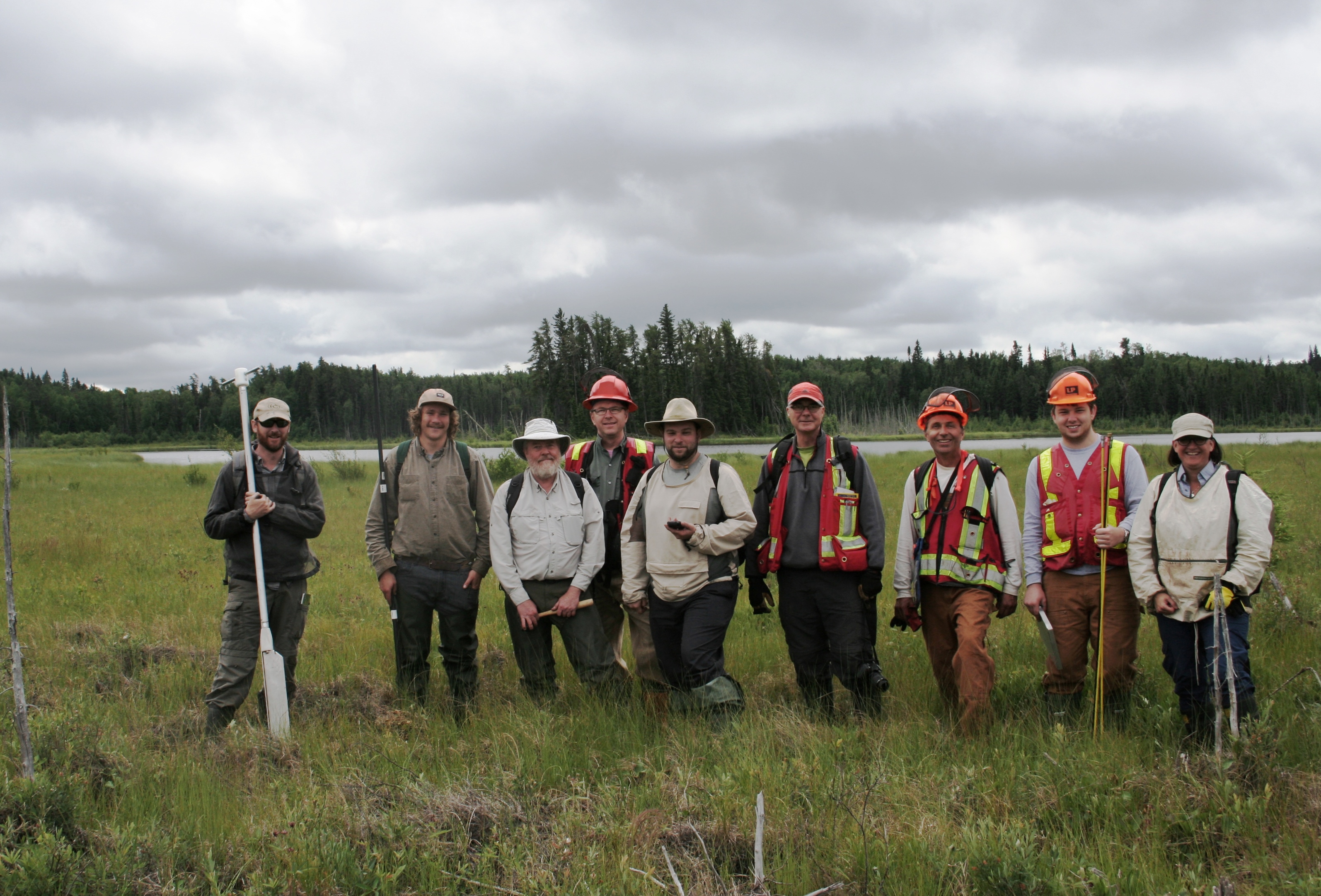 Environmental workers stand in wetland