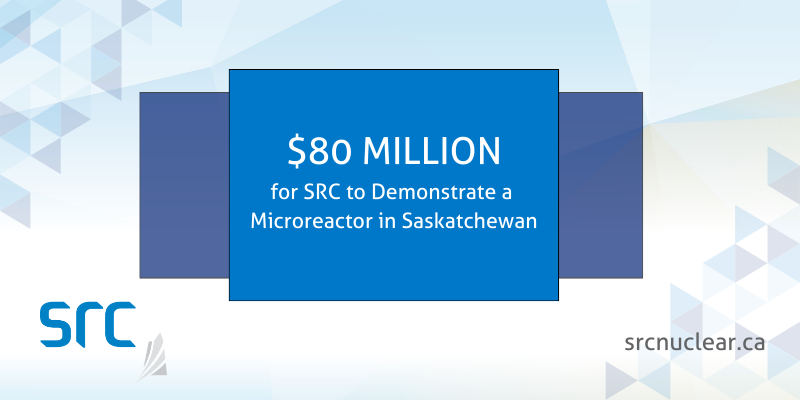 Text on blue background that reads $80 million dollars in funding to demonstrate a microreactor in Saskatchewan.