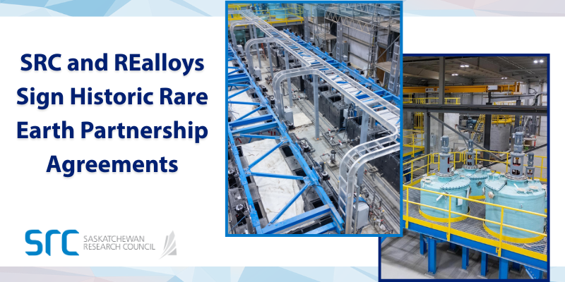 a graphic with a shortened title and photos of SRC's rare earth processing facility