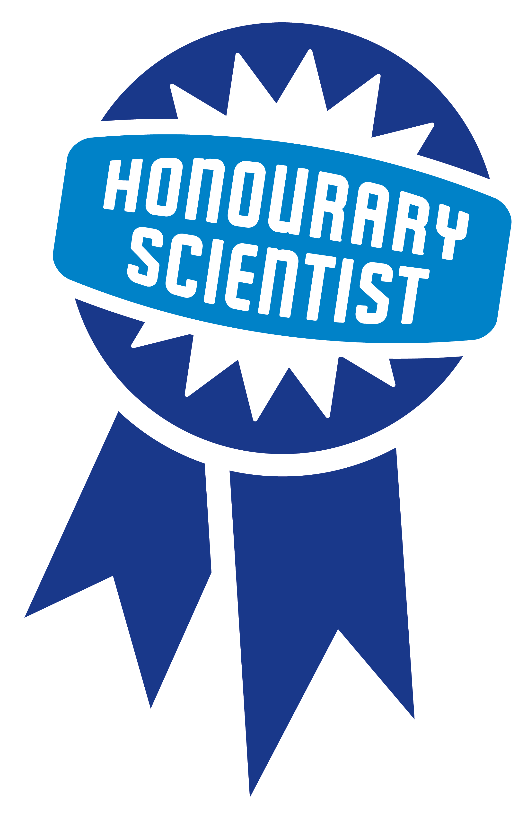 blue ribbon that says honourary scientist
