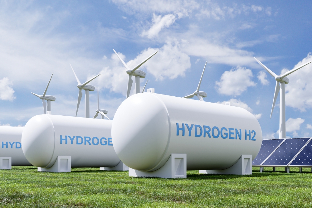 hydrogen energy storage tanks rendering with solar and wind