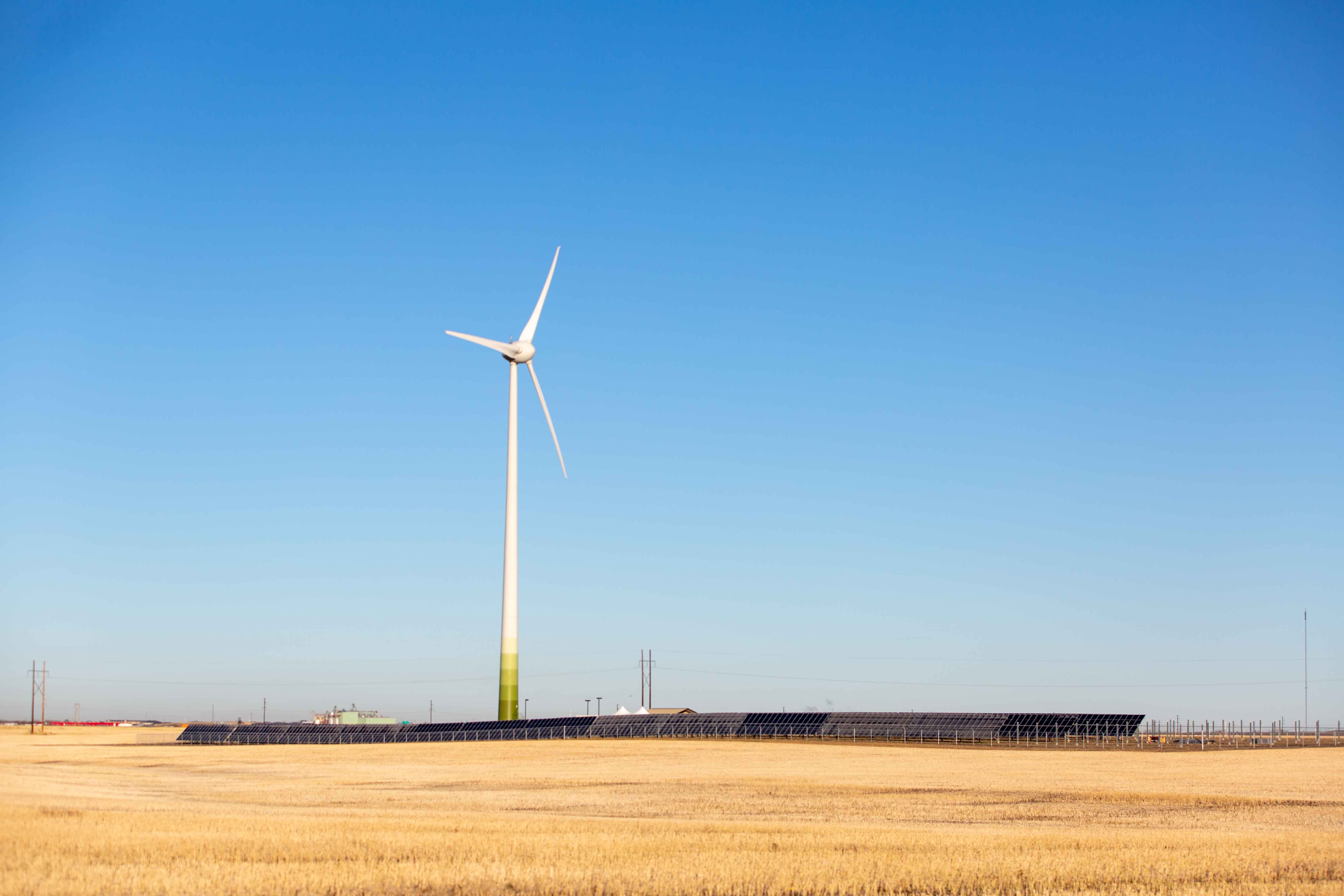 Wind turbine and solar panel array energy storage facility in Regina.