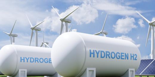 hydrogen storage tanks rendering with solar and wind 
