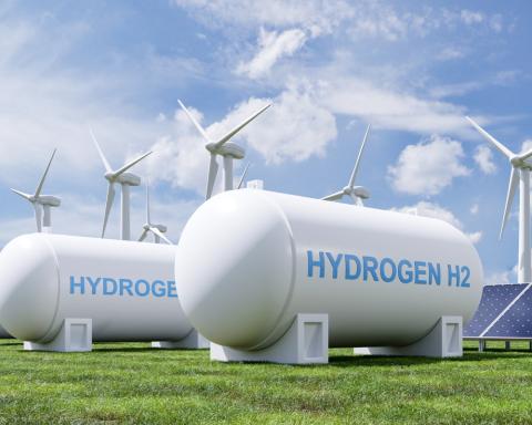 hydrogen storage tanks rendering with solar and wind 