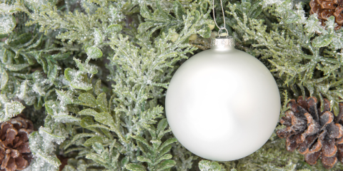 close up of tree branch with white ball ornament
