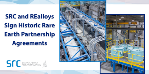 a graphic with a shortened title and photos of SRC's rare earth processing facility