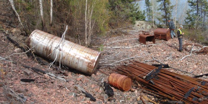 Mining debris scattered adjacent to the Baska Dot Claim mine by Virgin Lake, Sask.