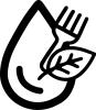 Water droplet with food fork and leaf on the right side