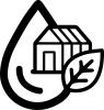 Water droplet with greenhouse and leaf on the right side